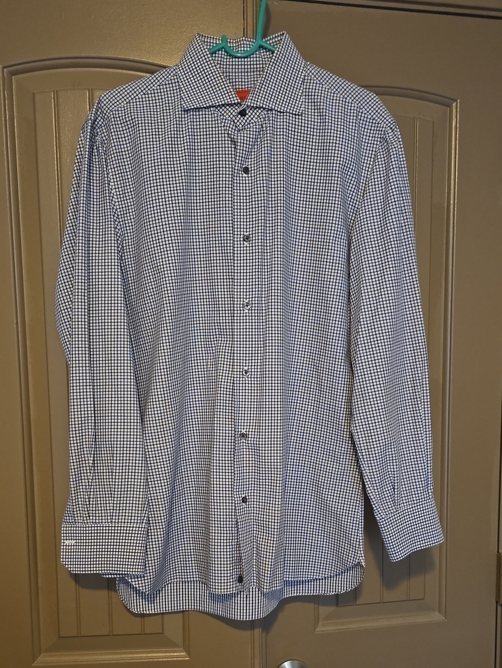 Isaia Navy and White Micro-Check Dress Shirt 16 1/2 42